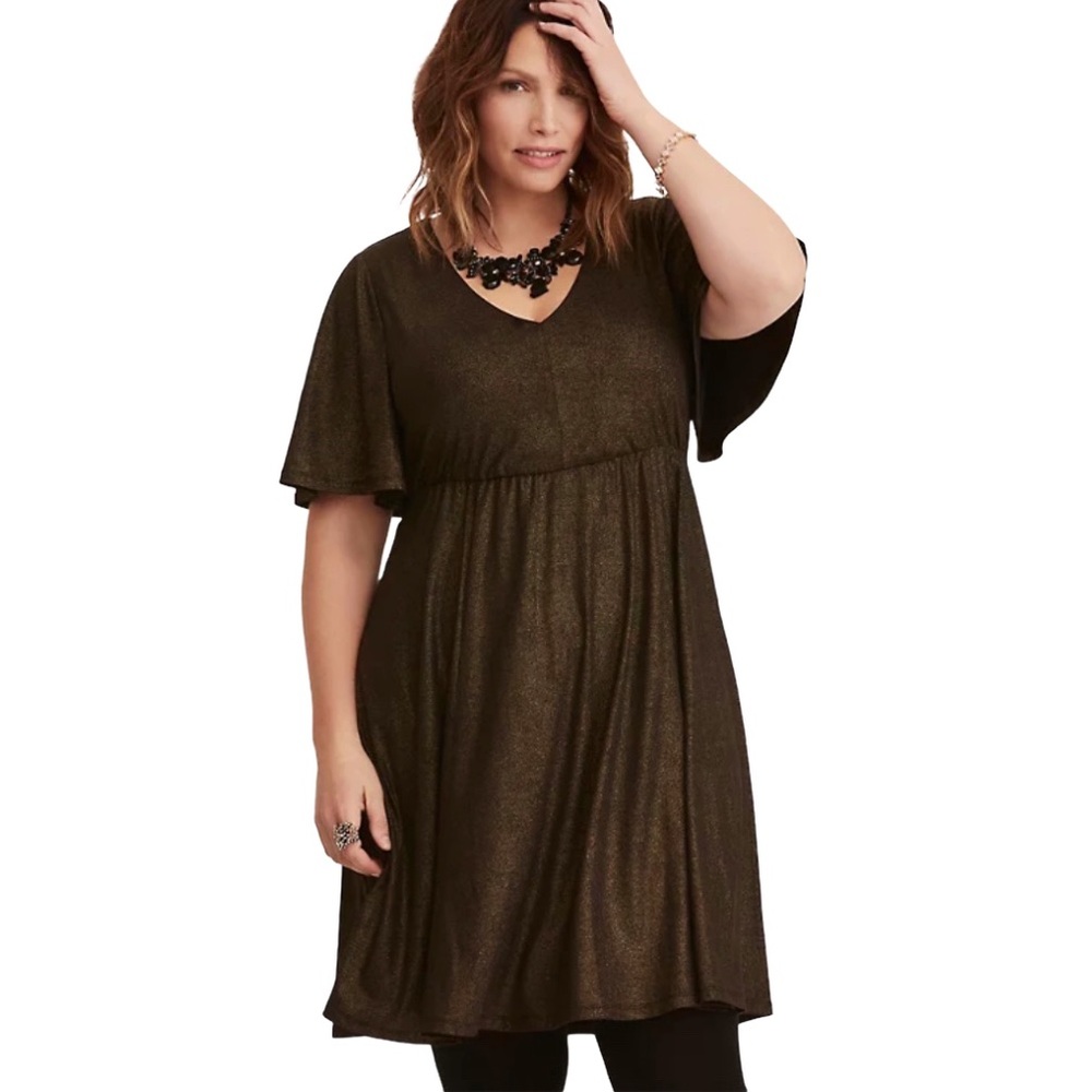 Torrid 3 gold shimmery v-neck skater dress